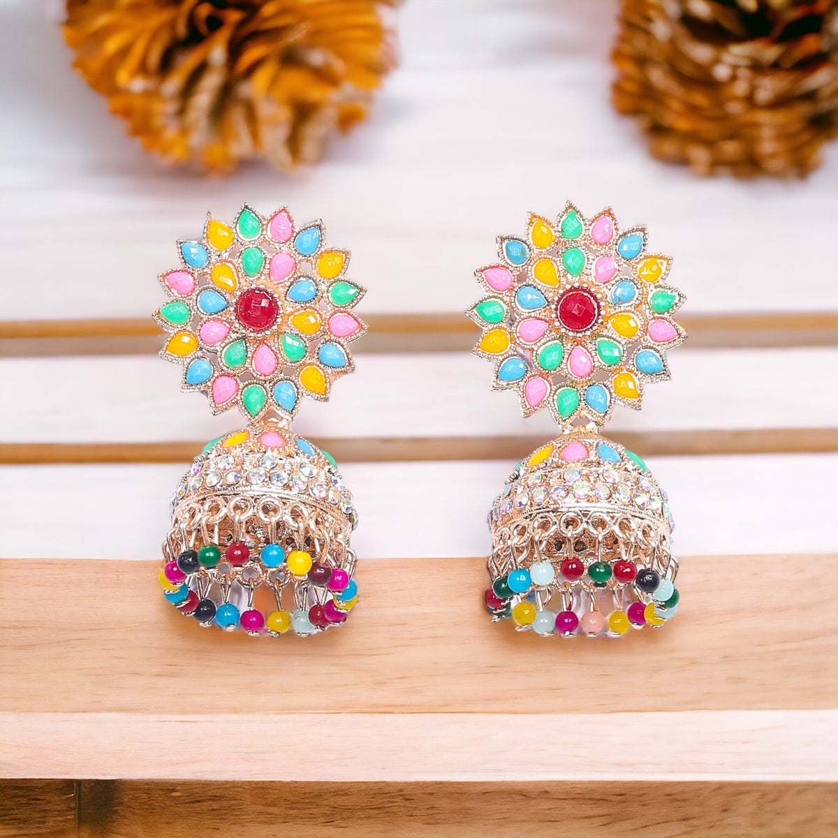 Red Kundan Multi color Jhumki